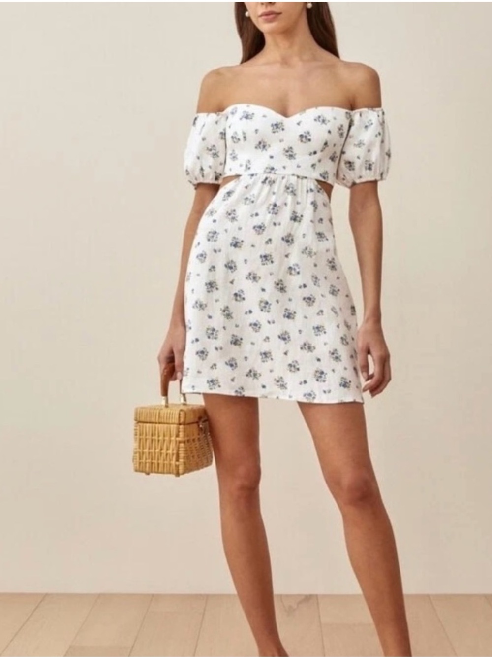 Reformation White Off-Shoulder Mini Dress with Blue Floral Print